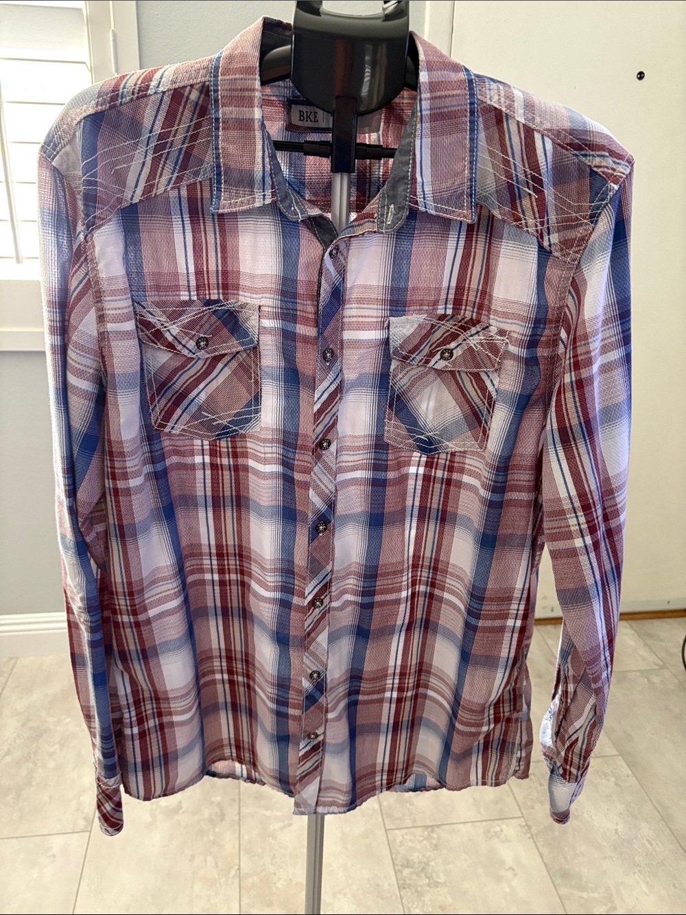 BKE Mens Athletic Fit Plaid Button Down Shirt Red White Blue XL Long Sleeve
